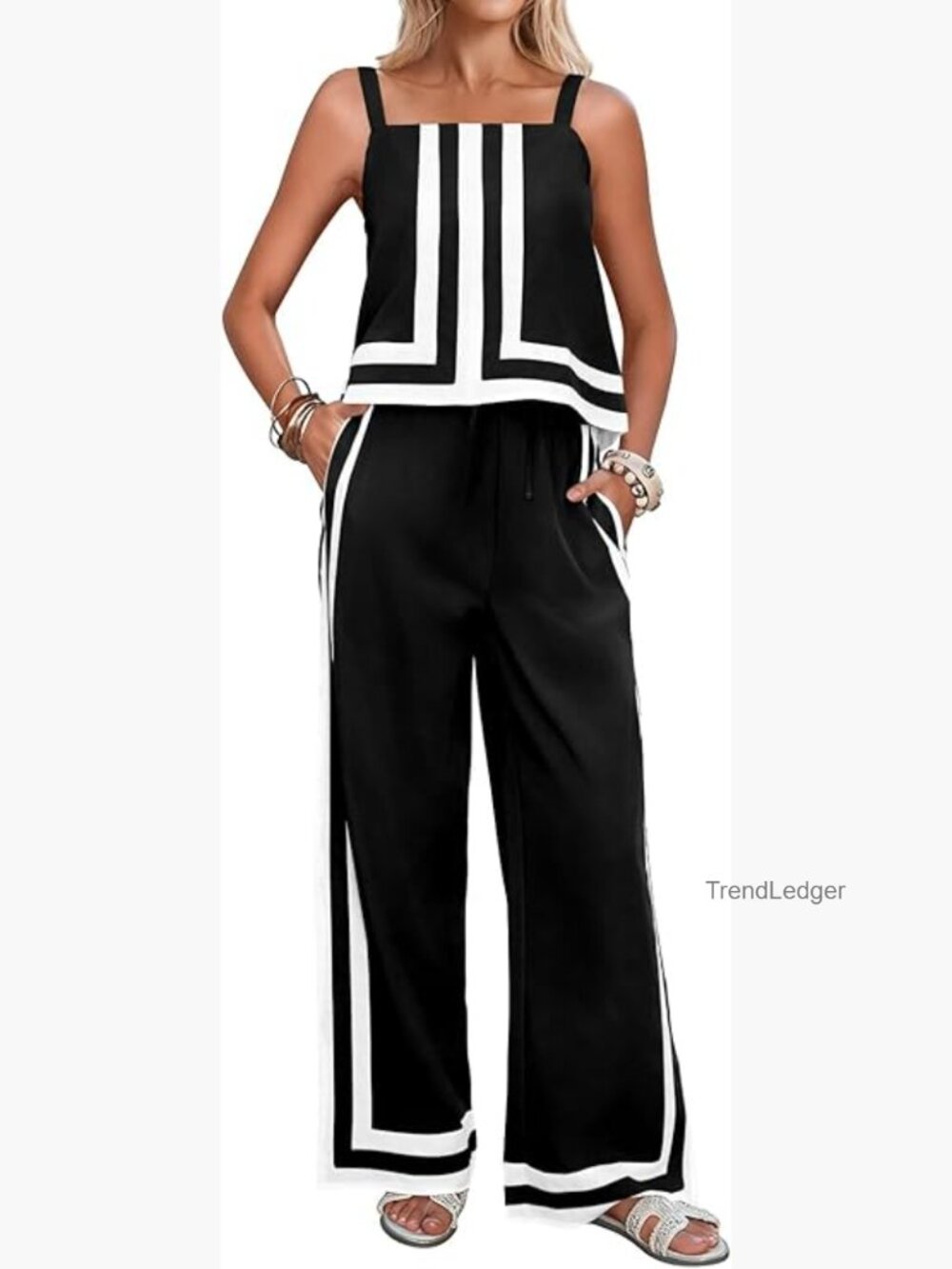 2 Piece Lounge Set Cami Top Wide Leg Pants Summer Travel Outfit